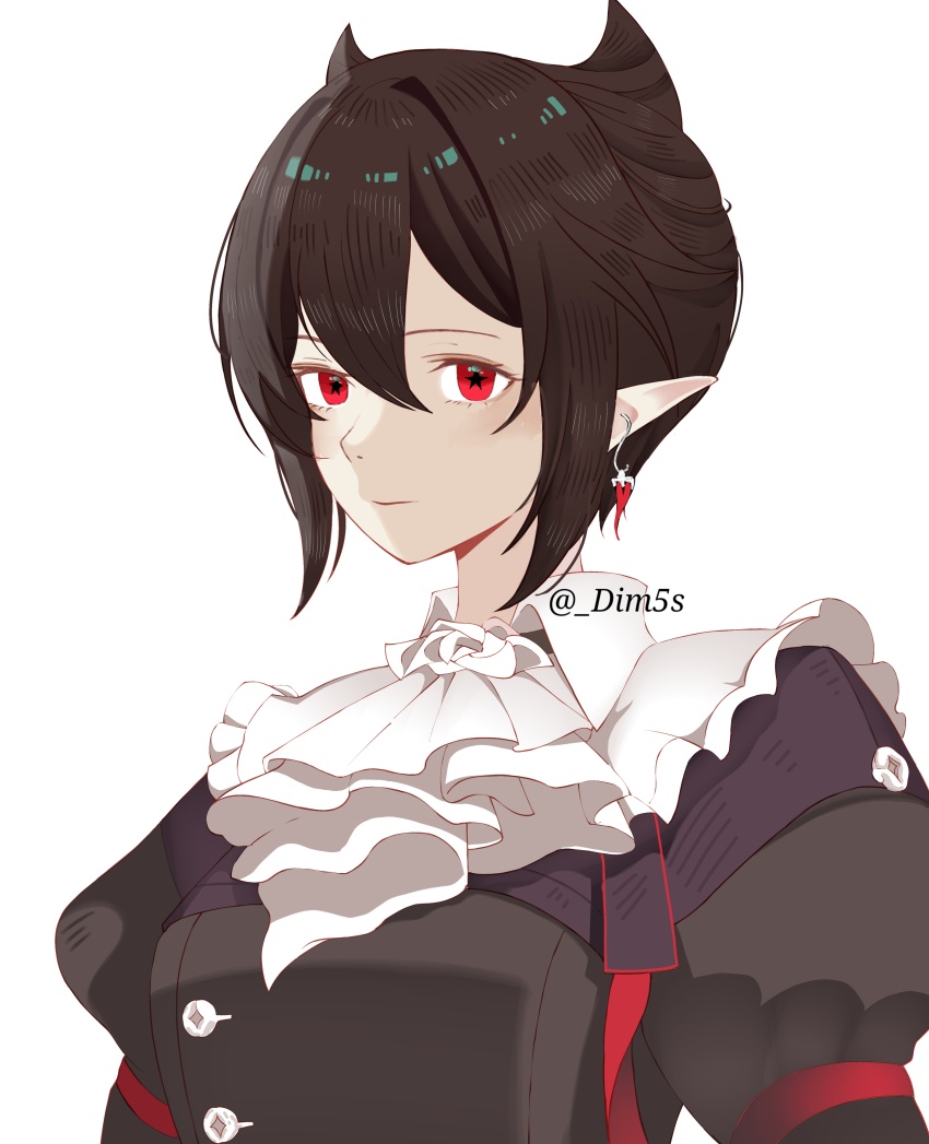 1girl absurdres arknights ascot black_hair closed_mouth dr.deims_(dim5s) earrings entelechia_(arknights) expressionless frills hair_between_eyes hair_horns highres jewelry looking_at_viewer pointy_ears red_eyes short_hair simple_background solo star-shaped_pupils star_(symbol) symbol-shaped_pupils twitter_username upper_body watermark white_ascot white_background