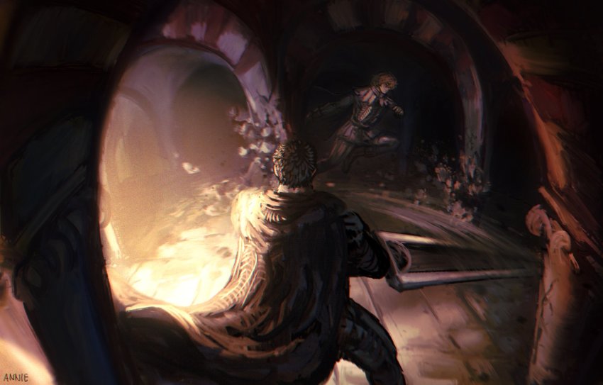 2boys anniechromes battle berserk black_cloak black_hair blonde_hair boots cloak dragonslayer_(sword) fighting_stance gloves guts_(berserk) highres holding holding_sword holding_weapon indoors long_sleeves male_focus multiple_boys pants running serpico_(berserk) short_hair sword weapon