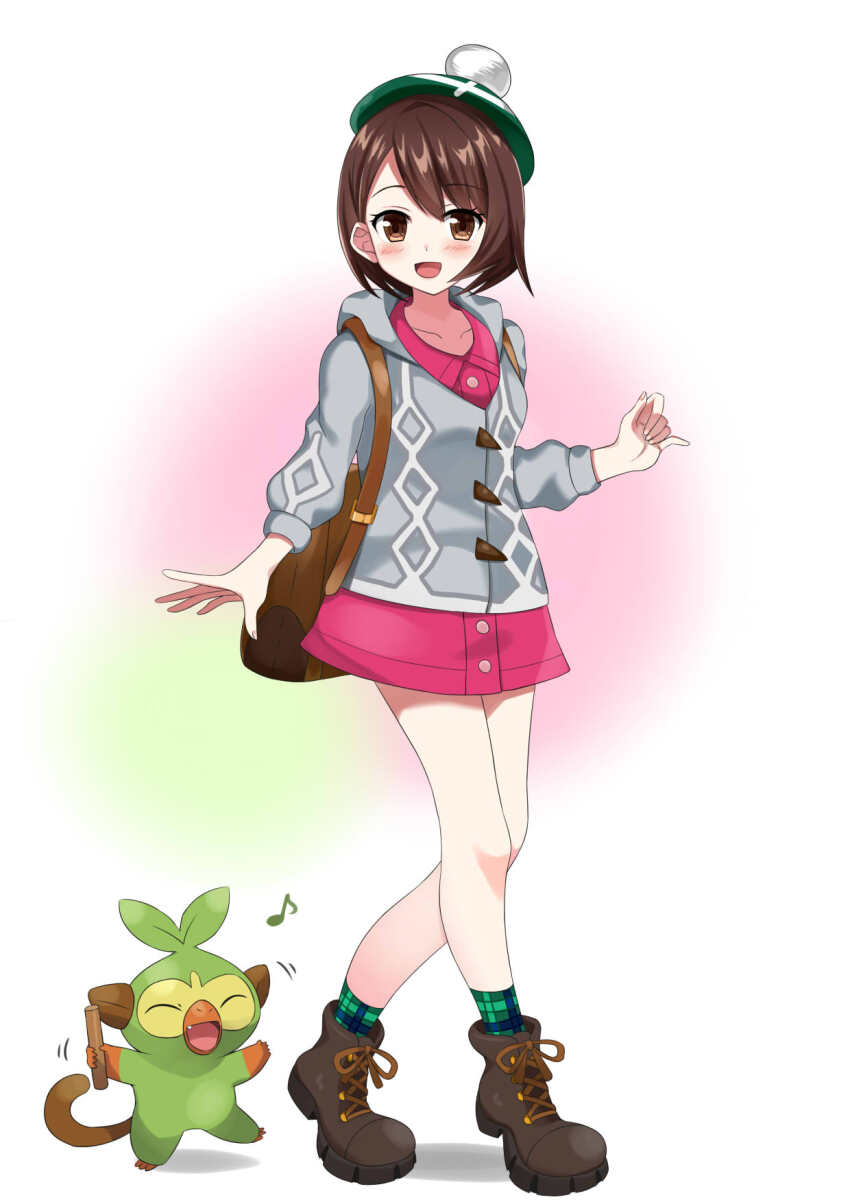 ^_^ beret blush boots brown_boots brown_eyes brown_hair closed_eyes collarbone creatures_(company) dress game_freak gen_8_pokemon gloria_(pokemon) green_hat green_socks grey_hoodie grookey hair_behind_ear hat highres hood hoodie kuroko_(user_jtty5588) looking_at_viewer musical_note nintendo open_hand pink_dress plaid_clothes plaid_socks pokemon pokemon_(creature) pokemon_swsh pom_pom_(clothes) short_hair smile socks solo_focus