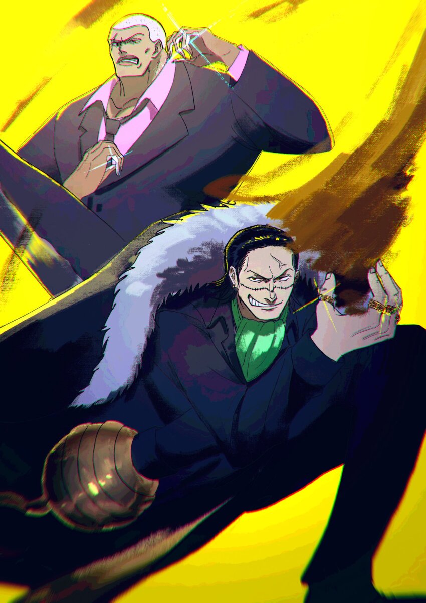 2boys ascot black_hair black_necktie buzz_cut collared_shirt commentary_request crocodile_(one_piece) daz_bones formal_clothes fyrthik green_ascot hair_slicked_back highres hook_hand jewelry looking_at_viewer looking_to_the_side male_focus multiple_boys necktie one_piece pink_shirt ring sand scar scar_on_face shirt short_hair smile suit very_short_hair yellow_background