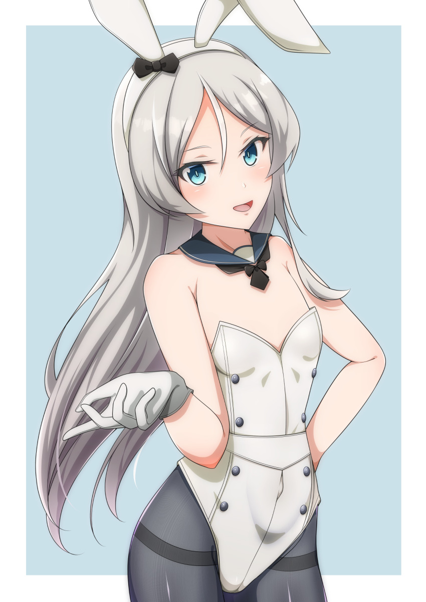 1girl adapted_costume animal_ears bell_shireikan black_pantyhose blue_eyes detached_collar fake_animal_ears flat_chest gloves grey_hair hairband highleg highleg_leotard highres javelin_(kancolle) kantai_collection leotard long_hair looking_at_viewer pantyhose playboy_bunny rabbit_ears solo strapless strapless_leotard thighband_pantyhose white_gloves white_hairband white_leotard