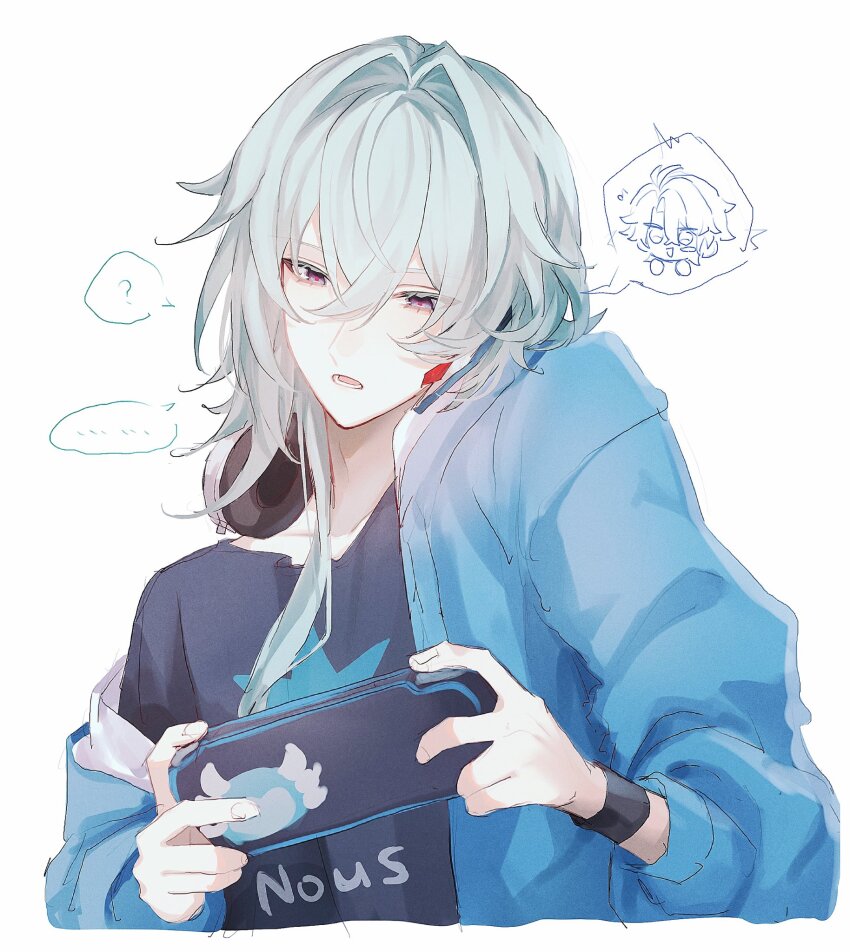 2boys anaxa_(honkai:_star_rail) aqua_hair black_shirt blue_eyes blue_jacket casual fz7047 hair_between_eyes handheld_game_console highres holding holding_handheld_game_console honkai:_star_rail honkai_(series) jacket male_focus multiple_boys open_mouth phainon_(honkai:_star_rail) pink_pupils shirt simple_background solo_focus upper_body white_background