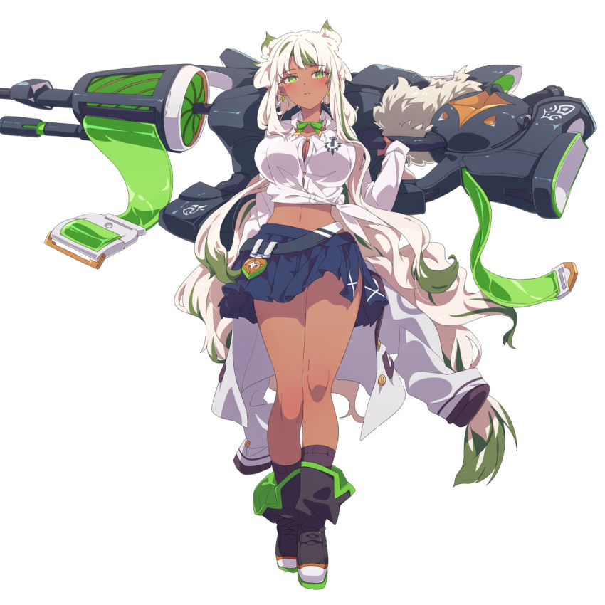 1girl boots breasts cleavage closed_mouth colored_tips dark_skin full_body green_eyes green_hair gun highres holding holding_behind_back holding_gun holding_weapon holding_weapon_behind_back kneehighs kochira_shuumatsu_teitai_iinkai large_breasts long_hair mehleeza_janebekova midriff multicolored_hair navel neck_ribbon official_art ogipote pleated_skirt pointy_ears ribbon second-party_source shirt_rolled_up simple_background skirt socks solo streaked_hair tachi-e very_long_hair walking weapon white_background white_hair