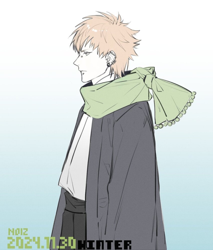 1boy 2024 alternate_costume barbell_piercing black_kimono black_pants bridge_piercing character_name commentary dated dramatical_murder ear_piercing earrings english_text green_scarf hakama hakama_pants highres industrial_piercing japanese_clothes jewelry kimono kurosaku labret_piercing male_focus multiple_earrings multiple_piercings noiz_(dramatical_murder) open_clothes open_kimono pants piercing profile scarf shirt shirt_tucked_in simple_background solo standing white_shirt yukata