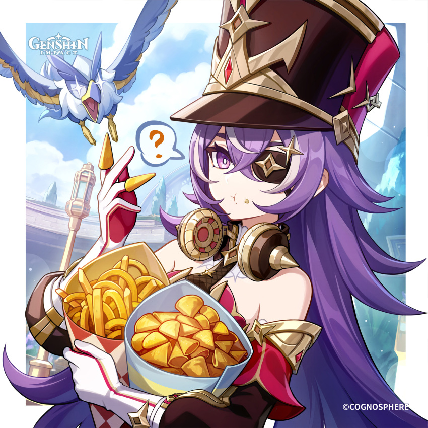 1girl absurdres bare_shoulders bird chevreuse_(genshin_impact) commentary detached_sleeves earmuffs earmuffs_around_neck eating english_commentary eyepatch food food_on_face genshin_impact gloves hat highres holding holding_food long_hair mole mole_under_mouth multicolored_hair puffy_sleeves purple_eyes purple_hair seagull shako_cap streaked_hair two-tone_hair very_long_hair white_gloves white_hair