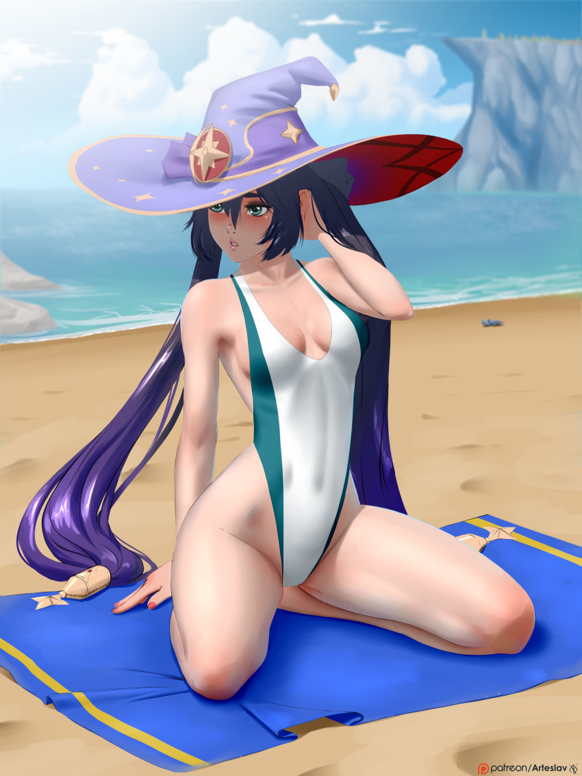 1girl absurdres arteslav barefoot beach beach_towel bikini bikini_bottom_only black_choker blush breasts choker cleavage cliff competition_swimsuit dark-skinned_female dark_skin eyeliner fingernails full_body genshin_impact hair_between_eyes hat highres long_hair looking_afar low-tied_long_hair makeup mona_(genshin_impact) ocean one-piece_swimsuit one-piece_tan petite purple_hat red_bikini red_tube_top shadow side-tie_bikini_bottom small_breasts solo star_(symbol) star_choker strapless swimsuit tan tanline thighs towel tube_top wizard_hat