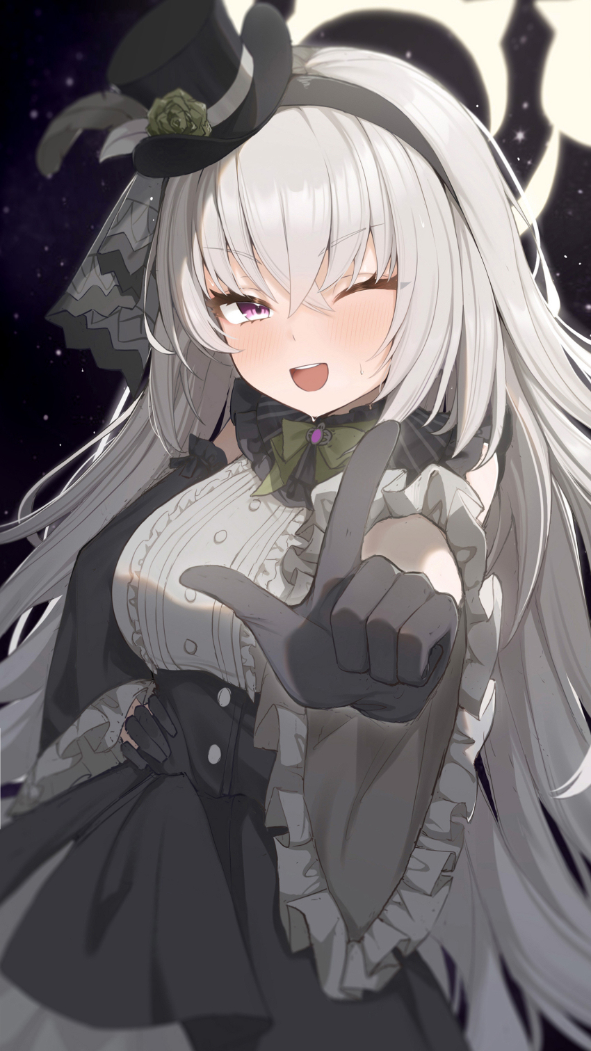 1girl ;d absurdres black_dress black_gloves black_hairband black_hat blue_archive blush commentary cowboy_shot crossed_bangs detached_sleeves dress eyelashes flower frilled_dress frilled_sleeves frills gloves green_flower green_rose grey_dress grey_hair hair_between_eyes hairband halo hand_on_own_hip hat hat_feather hat_flower highres idol idol_clothes index_finger_raised long_hair long_sleeves looking_at_viewer night official_alternate_costume one_eye_closed open_mouth outdoors purple_eyes rose sakurako_(blue_archive) sakurako_(idol)_(blue_archive) sleeveless sleeveless_dress smile solo straight_hair symbol-only_commentary teeth top_hat two-tone_dress upper_teeth_only v-shaped_eyebrows very_long_hair wendao wide_sleeves yellow_halo