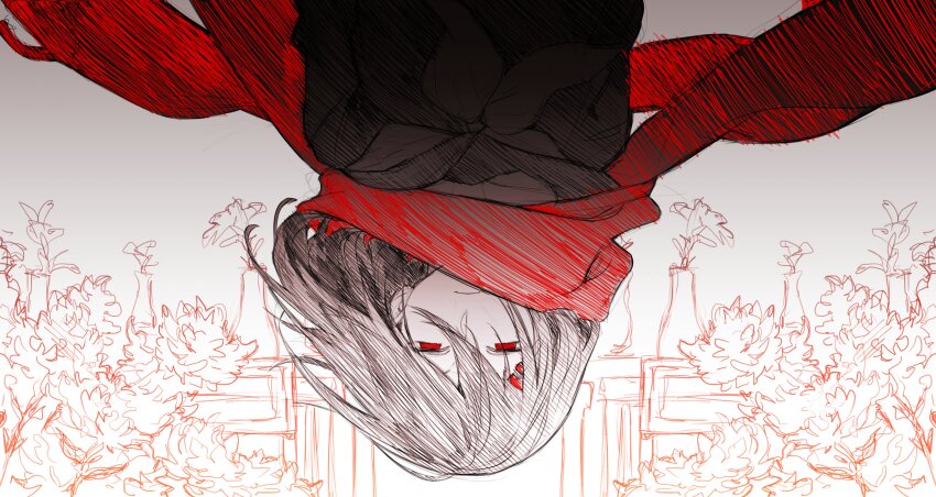 1girl absurdres closed_mouth hair_between_eyes hair_ornament hairclip highres kagerou_project looking_at_viewer monochrome neckerchief p_(pm_611a) plant potted_plant red_eyes red_scarf red_theme sailor_collar scarf school_uniform serafuku simple_background solo tateyama_ayano upside-down