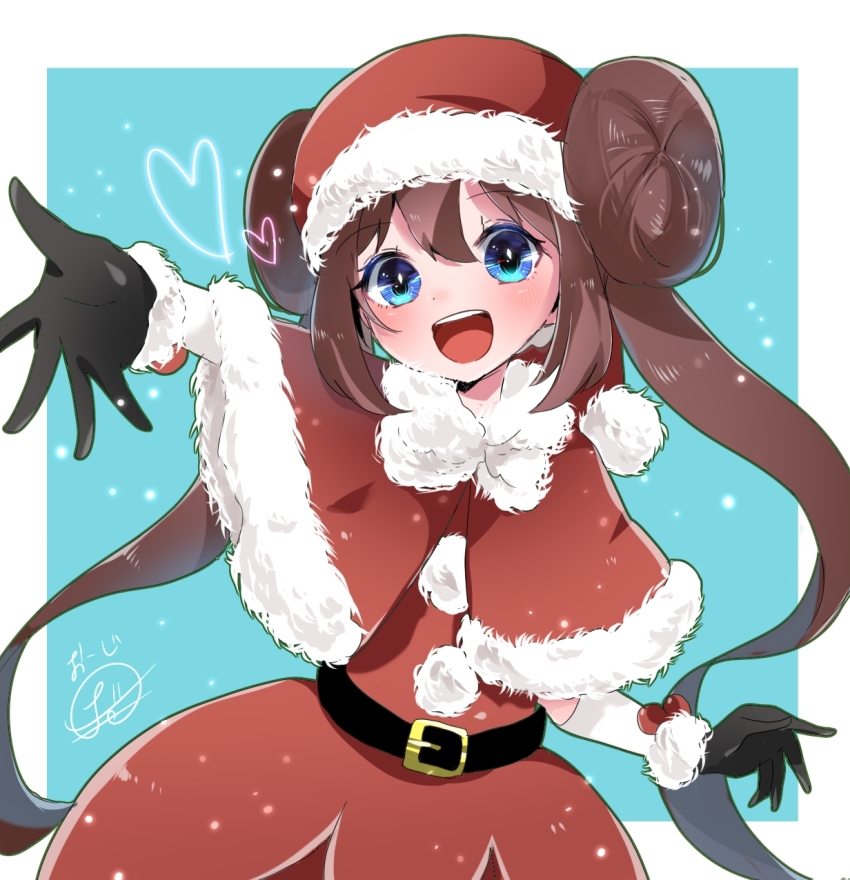 1girl :d belt belt_buckle black_belt black_gloves blue_eyes blush brown_hair buckle christmas commentary_request double_bun fur_trim gloves hair_between_eyes hair_bun hat heart highres long_hair looking_at_viewer meiwari nintendo official_alternate_costume open_mouth pokemon pokemon_masters_ex rosa_(holiday_2019)_(pokemon) rosa_(pokemon) santa_costume santa_hat smile solo teeth tongue twintails very_long_hair