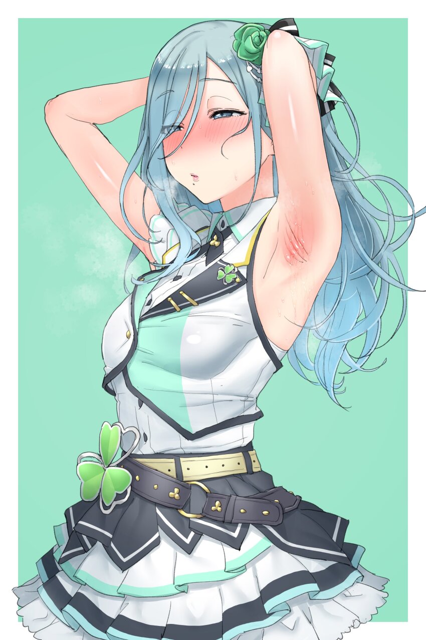 1girl absurdres akkgsyk armpit_focus armpits arms_behind_head blue_eyes blue_hair blush border breasts clover commentary_request cowboy_shot frilled_skirt frills green_background hair_between_eyes hair_ornament hair_over_one_eye half-closed_eyes heavy_breathing highres hinomori_shizuku idol idol_clothes light_blue_hair long_hair looking_ahead miniskirt mole mole_under_mouth multicolored_skirt parted_lips pleated_skirt project_sekai shiny_skin sidelocks simple_background skirt sleeveless small_breasts solo standing steaming_body white_border