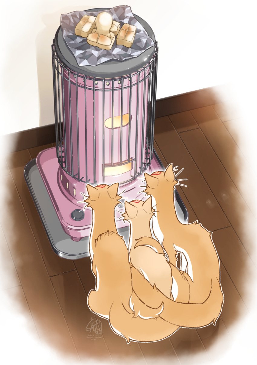 absurdres animal animal_focus commentary_request facial_mark food forehead_mark fox heater highres indoors kudagitsune no_humans on_floor original sarara_(yoasobi) sitting wooden_floor