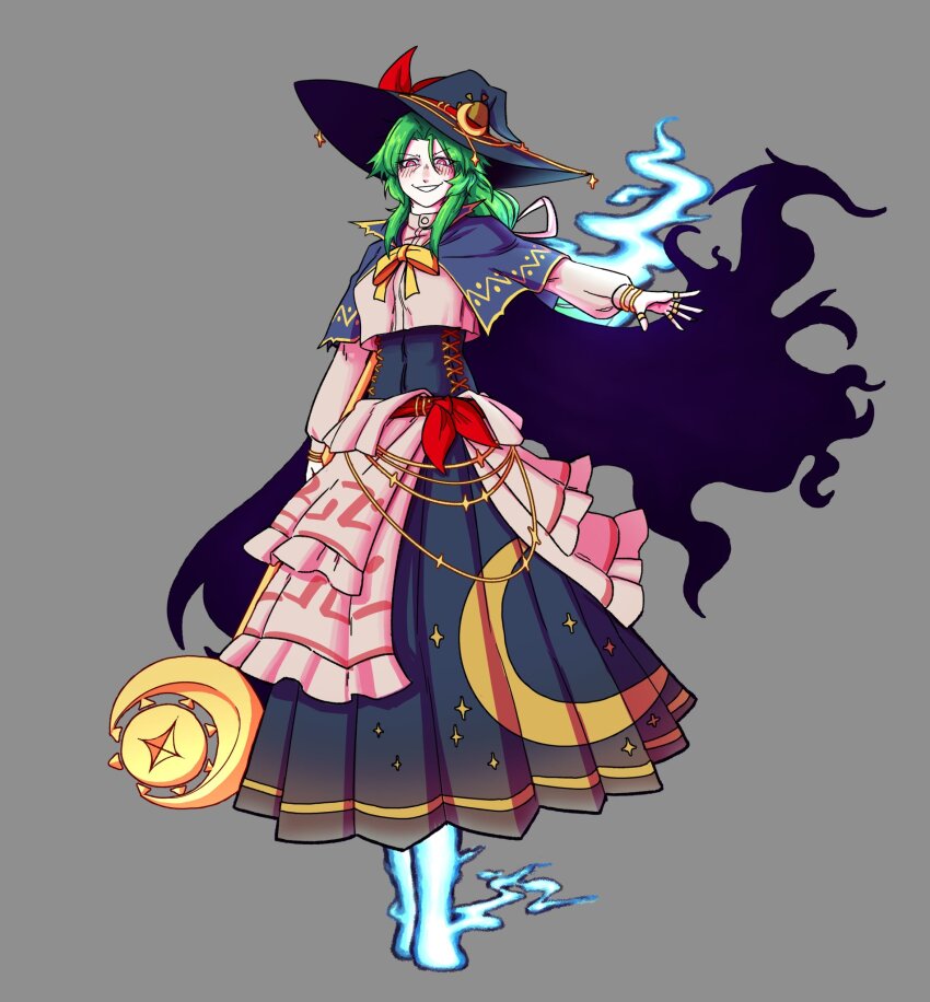 1girl alternate_costume black_corset blush bow bowtie capelet corset crescent_moon dress green_hair grey_background hat highres holding holding_staff jewelry long_hair long_sleeves mage_staff mima_(touhou) moon multiple_rings red_eyes ring simple_background skippeaccented smile solo staff touhou touhou_(pc-98) witch_hat wizard_hat wrist_cuffs yellow_bow yellow_bowtie