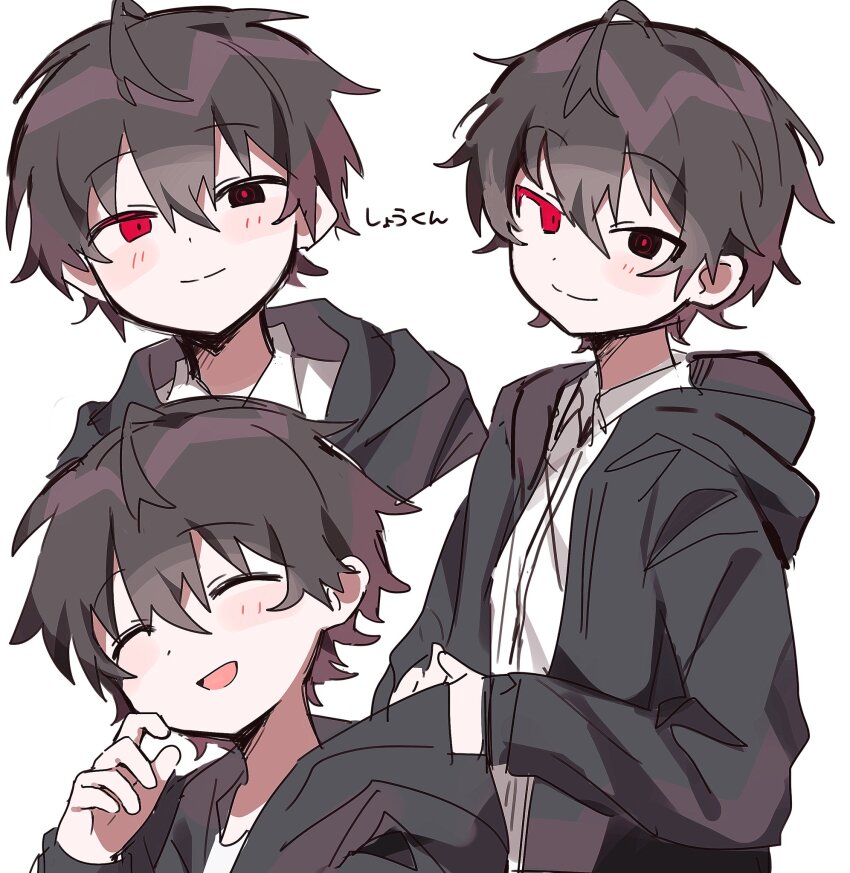 1boy ahoge black_eyes black_hair black_jacket blush closed_eyes collared_shirt heterochromia highres hood hooded_jacket jacket looking_at_viewer male_focus multiple_views open_clothes open_jacket original red_eyes shirt short_hair shou_(uenomigi) smile split_mouth uenomigi white_shirt