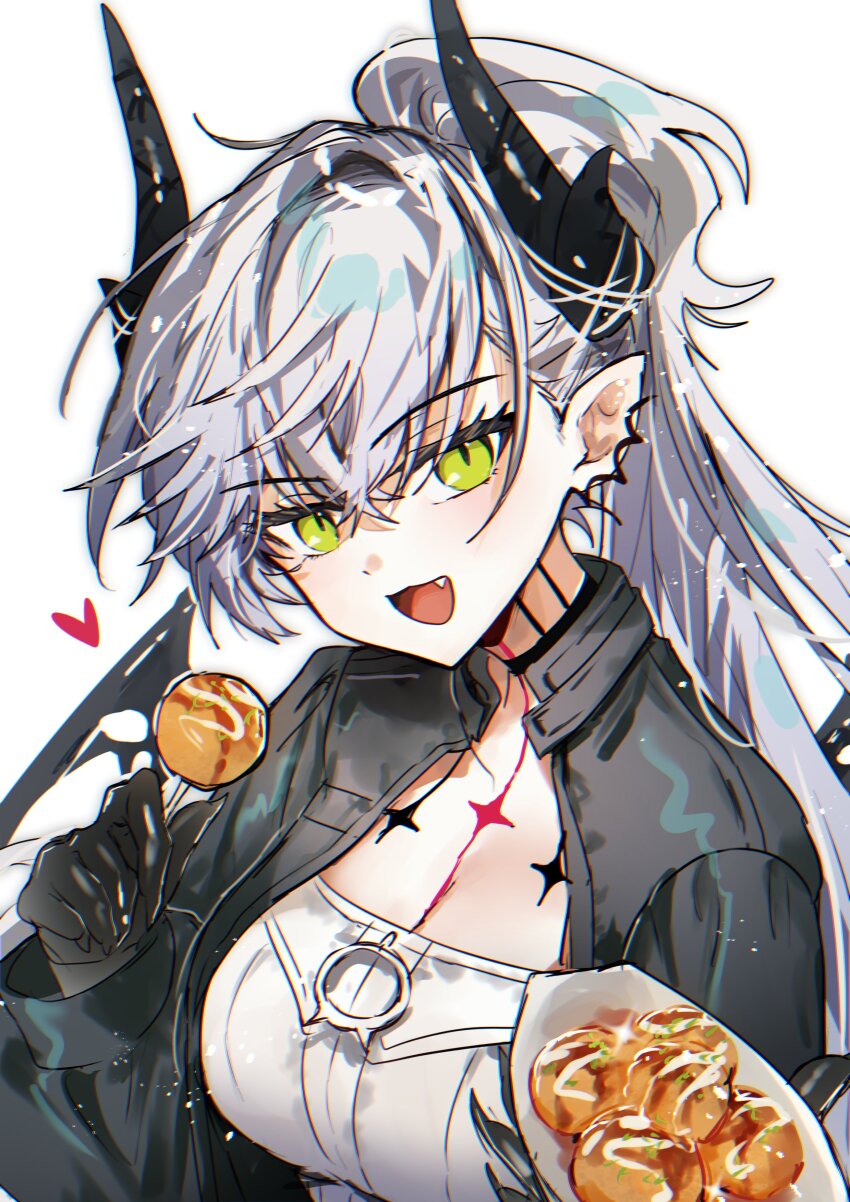 1girl absurdres bat_wings breasts cleavage dango earrings fang fate/grand_order fate_(series) food green_eyes highres jacket jewelry large_breasts lilith_(fate) lilith_(over_the_same_sky)_(fate) looking_at_viewer multicolored_hair neck_tattoo open_clothes open_jacket open_mouth ponytail single_earring tattoo wagashi wings yakksan