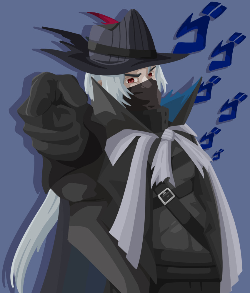 1boy arknights black_gloves black_hat black_jacket black_shirt commentary covered_mouth english_commentary gloves grey_hair gribberoni hat highres jacket jojo_no_kimyou_na_bouken long_hair looking_at_viewer male_focus mask menacing_(jojo) mouth_mask ninja_mask outstretched_arm parody pointing pointing_at_viewer purple_background red_eyes shirt solo sound_effects strap ulpianus_(arknights)