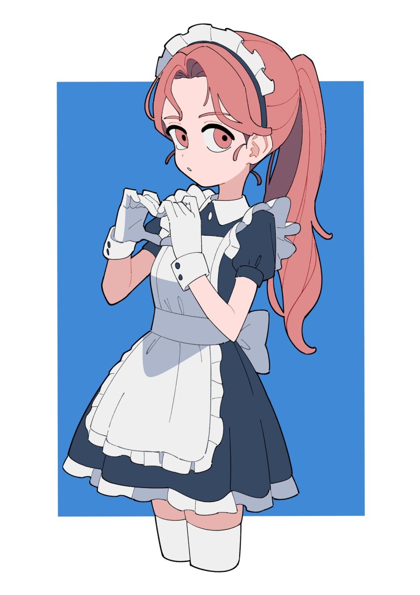 1girl apron black_dress blue_background brown_hair dress frills gloves highres long_hair looking_at_viewer maid maid_headdress original ponytail red_eyes short_sleeves solo start_furuike thighhighs two-tone_background white_gloves