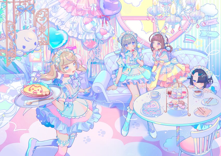 4girls :&lt; :d absurdres ahoge animal-themed_food animal_ears apron aqua_dress aqua_socks aqua_wrist_cuffs arched_bangs ascot asymmetrical_legwear balloon bandaid bandaid_on_knee bandaid_on_leg birdcage black_hair blonde_hair blue_bow blue_bowtie blue_eyes blue_garter_straps blue_hair blue_thighhighs blunt_bangs blush bow bow_legwear bowtie braid braided_hair_rings brown_hair cage cake cake_slice carpet cat cat_ears cat_hair_ornament chair chandelier cherry cherry_tomato closed_mouth cloud colored_shoe_soles colored_tips couch cross-laced_clothes cross-laced_dress cube cup cupcake curtains detached_sleeves double_bun drawn_heart drawn_wings dress empty_picture_frame flipped_hair food food_writing foot_out_of_frame frilled_apron frilled_dress frilled_socks frilled_thighhighs frilled_wrist_cuffs frills fruit full_body garter_straps gingham_bow grey_hair hair_bow hair_bun hair_ornament hair_over_one_eye hair_ribbon hair_rings hairclip head_on_table head_tilt heart heart-shaped_cake heart-shaped_food heart-shaped_pupils heart-shaped_window heart_balloon high_heels highres holding holding_food holding_fruit holding_tray ice_cream indoors ketchup kneeling knees_together_feet_apart legwear_garter lettuce long_hair long_sleeves looking_at_another looking_at_food looking_at_viewer macaron maid maid_cafe maid_headdress mary_janes medium_hair mismatched_legwear mismatched_socks mismatched_thighhighs multicolored_hair multiple_girls muntins napkin omelet omurice open_hand open_mouth original outstretched_arm pastel_colors paw_print peter_pan_collar petticoat picture_frame pinafore_dress pink_bow pink_dress pink_eyes pink_thighhighs plate puffy_long_sleeves puffy_short_sleeves puffy_sleeves pumps purple_ascot purple_bow purple_bowtie purple_dress purple_eyes purple_hair purple_ribbon purple_shoes purple_thighhighs ribbon sarasakuna see-through_curtains shirt shoes shooting_star short_dress short_hair short_sleeves sign signpost sitting sky sleeveless sleeveless_dress smile socks spoon standing standing_on_one_leg strawberry streaked_hair swiss_roll symbol-shaped_pupils table tea teacup thighhighs tiered_tray tiptoes tomato tray twintails uneven_legwear waist_apron waist_bow wallpaper_(object) whipped_cream white_apron white_cat white_shirt white_shoes white_wrist_cuffs window wrist_cuffs yellow_bow yellow_dress yellow_sky yume_kawaii