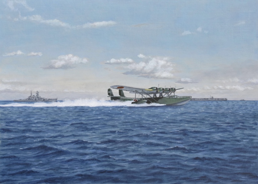 absurdres acrylic_paint_(medium) aircraft aircraft_carrier airplane atelier_bono battleship cloud flying_boat h6k highres imperial_japanese_navy military_vehicle ocean original painting_(medium) seaplane ship sky takeoff traditional_media warship watercraft