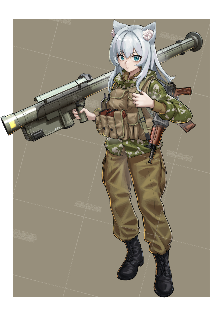 absurdres ammunition_pouch animal_ears blue_eyes boots bulletproof_vest cat_girl grey_hair highres huihuang_rongyao kalashnikov_rifle long_hair military_operator nekomusume original pouch rocket_launcher soviet tactical_clothes vdv virtual_youtuber war_in_afghanistan weapon