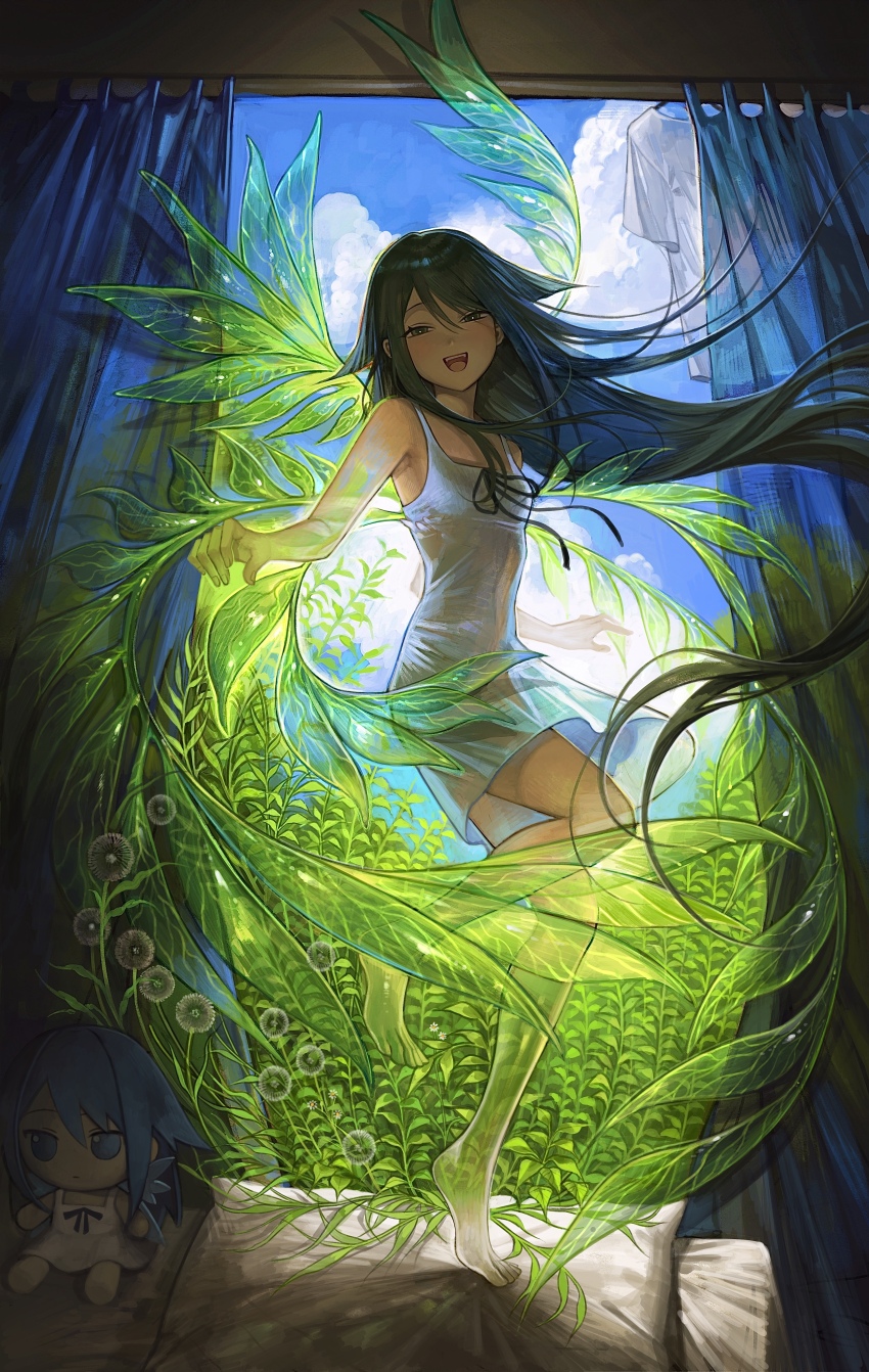 1girl absurdres barefoot character_doll cloud cloudy_sky commentary_request curtains dandelion doll dress flower full_body fumo_(doll) green_hair green_wings half-closed_eyes highres huli_xiaobai indoors long_hair looking_at_viewer open_mouth saya_(saya_no_uta) saya_no_uta see-through_body see-through_clothes see-through_dress sky smile solo white_dress wings