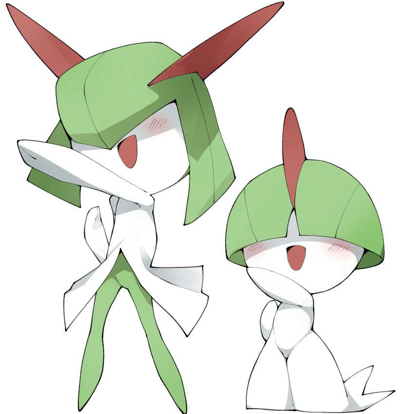 bad_id bad_pillowfort_id blush bowl_cut colored_skin gen_3_pokemon green_hair green_skin hair_over_eyes highres horns kirlia multicolored_skin nintendo open_mouth pokemon pokemon_(creature) ralts sidelocks simple_background two-tone_skin white_background white_skin