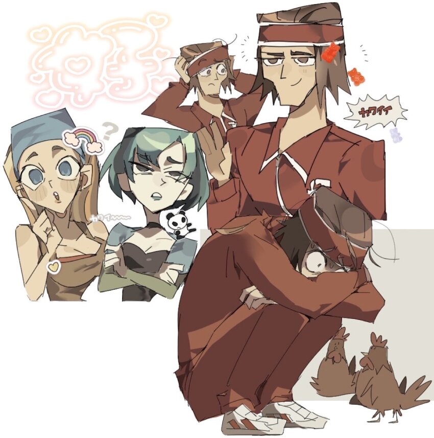 1boy 2girls aqua_hair arms_on_knees bandana bird black_hair blonde_hair blue_bandana blue_eyes brown_eyes brown_hair brown_tank_top chicken collared_shirt commentary_request dokusuji_(kw9onou58) gwen_(total_drama) headband heart highres index_finger_raised lindsay_(total_drama) long_hair multicolored_hair multiple_girls open_mouth pants red_headband red_pants red_shirt shirt shoes short_hair smile squatting streaked_hair tank_top total_drama translation_request two-tone_hair tyler_(total_drama) white_shoes