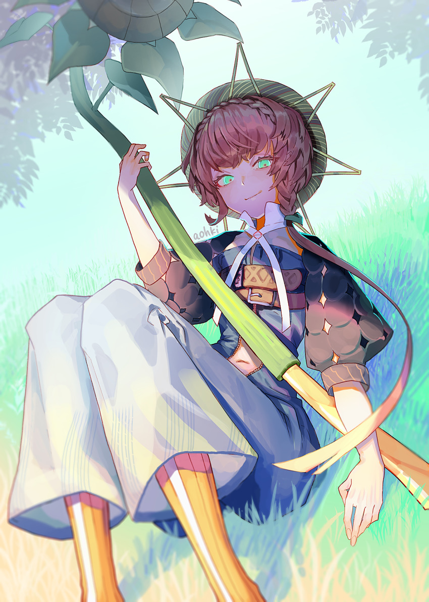 1girl artist_name belt braid brown_hair fate/grand_order fate_(series) flower grass highres navel side_braid sitting smile solo sunflower unzipped van_gogh_(fate) van_gogh_(first_ascension)_(fate) waterstaring