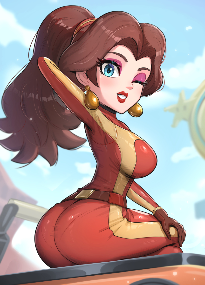1girl absurdres alternate_costume ass biker_clothes blue_eyes blush bodysuit breasts brown_hair earrings eyeshadow gloves gold_earrings gonzarez highres jewelry large_breasts lipstick long_hair looking_at_viewer makeup mario_(series) mario_kart mario_kart_world motor_vehicle motorcycle nintendo official_alternate_costume on_motorcycle one_eye_closed open_mouth outdoors pauline_(aero)_(mario) pauline_(mario) ponytail purple_eyeshadow racing_suit red_bodysuit red_lips sideboob sitting smile solo teeth thighs wavy_hair