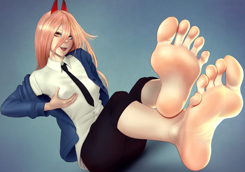 1girl barefoot blonde_hair breasts chainsaw_man feet grabbing_own_breast horns long_hair looking_at_viewer necktie open_mouth power_(chainsaw_man) puffypinkpaws sharp_teeth soles teeth toes yellow_eyes