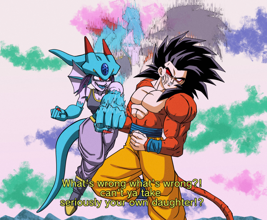 1boy 1girl abs absurdres afterimage alternate_form baggy_pants belt black_boots black_hair black_tank_top blue_belt blue_clouds blue_scales blue_skin blue_tongue body_fur boots bracer breasts claws clenched_hands colored_skin colored_tongue dragon_ball dragon_ball_(object) dragon_ball_gt dragon_horns dragon_tail english_text evil_smile face_punch fake_screenshot fangs fighting fins flying fusion green_clouds hand_up head_fins head_tail highres horns in_the_face long_hair medium_breasts midriff monkey_tail monster_girl motion_blur motion_lines mountain mountainous_horizon muscular muscular_male naturon_shenron no_nipples one_eye_closed open_mouth orange_pants pan_(dragon_ball) pants pants_tucked_in partially_shaded_face pink_clouds pink_sky possessed punching purple_hair purple_pants purple_skin red_claws red_eyes red_fur red_horns redesign saiyan sidelocks sky smile son_gohan spiked_hair subtitled super_saiyan super_saiyan_4 surprised sweat sweatband tail tank_top toe_claws topless_male un_koshin1402 wristband yellow_eyes yellow_trim