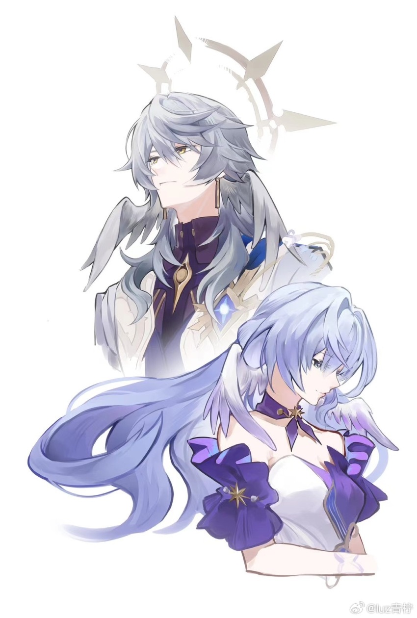 1boy 1girl aqua_eyes bare_shoulders blue_hair breasts brother_and_sister choker closed_mouth collarbone detached_sleeves dress earrings feathered_wings floating_hair gem gold_earrings grey_hair hair_between_eyes halo halo_behind_head head_wings highres honkai:_star_rail honkai_(series) jacket jewelry long_hair looking_to_the_side medium_breasts musical_note_ornament open_clothes open_jacket pearl_(gemstone) purple_choker purple_dress purple_shirt purple_sleeves robin_(honkai:_star_rail) shirt short_hair short_sleeves siblings sidelocks simple_background sleeveless sleeveless_dress smile star_(symbol) star_ornament sunday_(honkai:_star_rail) two-tone_dress upper_body wavy_hair weibo_6159712244 white_background white_dress white_jacket wings yellow_eyes