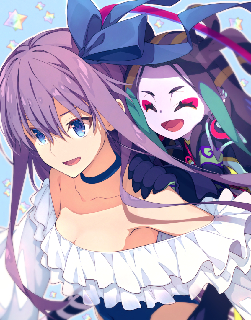 1boy 1girl bare_shoulders black_hair blue_eyes blue_ribbon blush breasts choker closed_eyes collarbone eyeshadow fate/grand_order fate_(series) frilled_one-piece_swimsuit frills hair_pulled_back hair_ribbon hair_rings highleg highleg_one-piece_swimsuit highres long_hair long_sleeves makeup meltryllis meltryllis_(fate) meltryllis_(swimsuit_lancer)_(fate) meltryllis_(swimsuit_lancer)_(second_ascension)_(fate) multicolored_hair off-shoulder_one-piece_swimsuit off_shoulder one-piece_swimsuit open_mouth puffy_sleeves purple_hair red_eyeshadow revision ribbon saipaco sleeves_past_fingers sleeves_past_wrists small_breasts smile streaked_hair swimsuit taisui_xingjun_(fate) very_long_hair white_ribbon