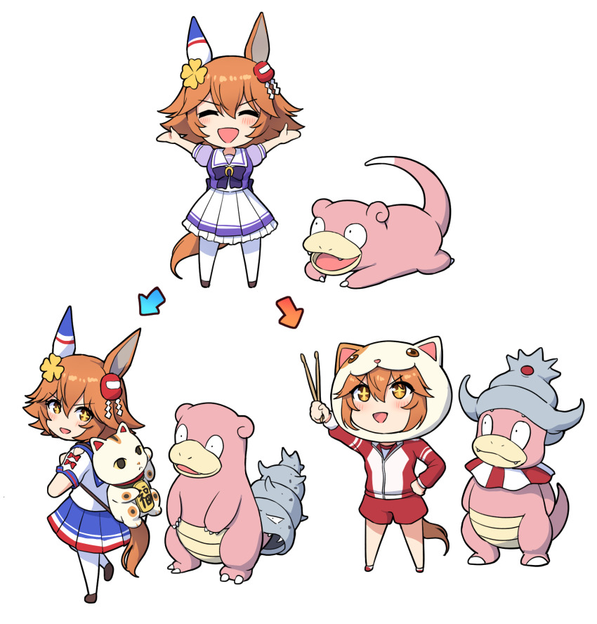 +_+ 1girl :d ^_^ animal_ears animal_hood arrow_(symbol) backpack bag blue_sailor_collar blue_skirt blush bow brown_eyes brown_hair cat_ears cat_hood chibi closed_eyes commentary_request crossover daruma_doll drumsticks evolutionary_line fake_animal_ears flower frilled_skirt frills game_freak gen_1_pokemon gen_2_pokemon gym_shirt gym_shorts gym_uniform hair_between_eyes hair_flower hair_ornament highres holding hood horse_ears horse_girl horse_tail jacket maneki-neko matikanefukukitaru_(umamusume) nintendo open_mouth pantyhose pleated_skirt pokemon pokemon_(creature) puffy_short_sleeves puffy_sleeves purple_bow purple_shirt red_jacket red_shorts sailor_collar school_uniform serafuku shirt short_sleeves shorts simple_background skirt slowbro slowking slowpoke smile standing standing_on_one_leg tail takiki tracen_school_uniform track_jacket umamusume v-shaped_eyebrows white_background white_pantyhose white_shirt white_skirt yellow_flower