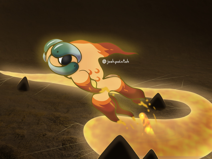 absurdres animal_focus burning burnt cave chi-yu_(pokemon) colored_sclera fire fish game_freak goldfish highres josh.pointoh lava nintendo no_humans orange_sclera pokemon pokemon_(creature) pokemon_focus
