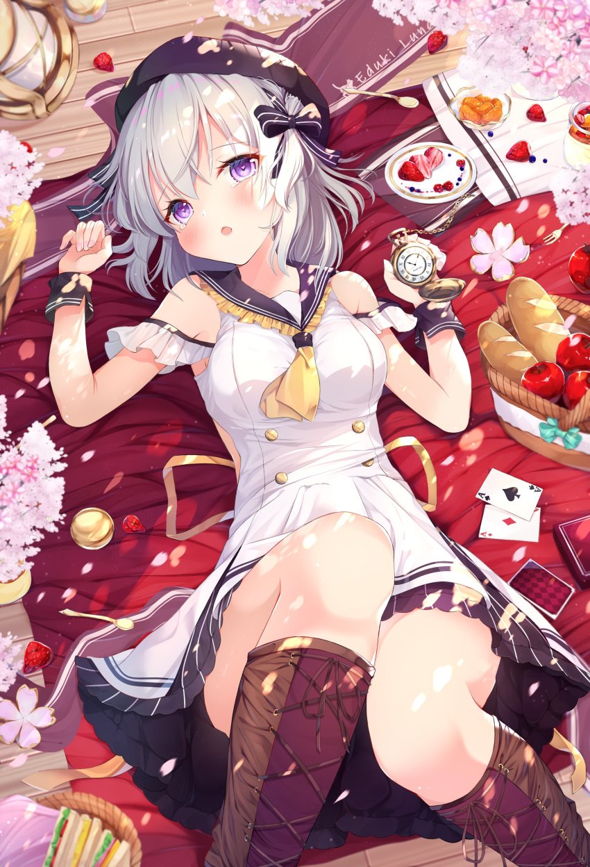 1girl absurdres beret blush boots bread cherry_blossoms clock commentary_request dress female_focus food frilled_shirt_collar frills fruit hat heart heart-shaped_pupils highres knees_together_feet_apart knees_up looking_at_viewer lying on_back original panties petals plate pocket_watch poker purple_eyes sailor_collar sandwich shiira_(nya_rl) silver_hair skirt sleeveless solo symbol-shaped_pupils tears underwear watch white_dress wrist_cuffs