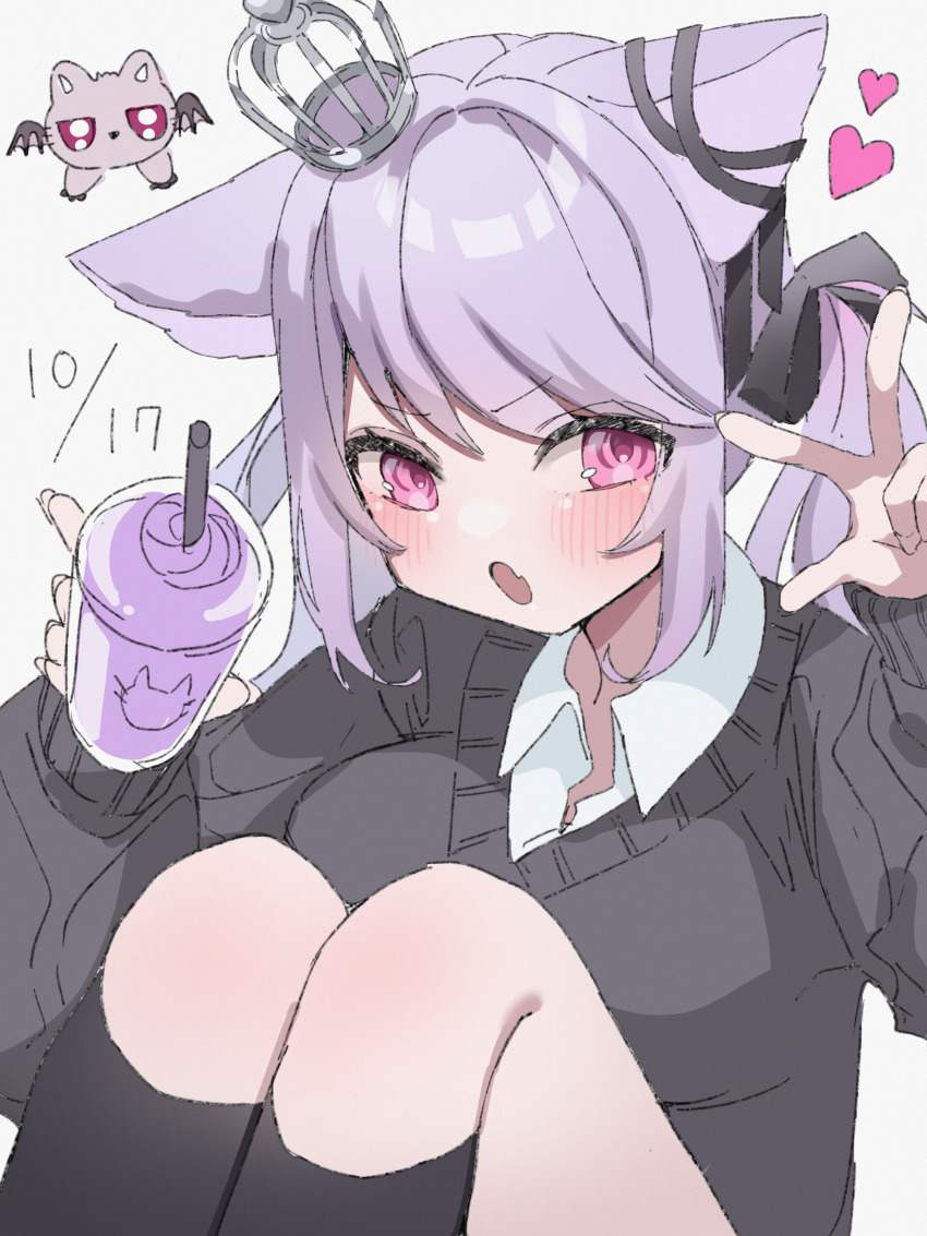 1girl :o absurdres alternate_costume animal_ears black_bow black_cardigan black_ribbon black_socks blush bow breasts cardigan cat_ears collared_shirt commentary_request crown cup drinking_straw ear_ribbon fang feet_out_of_frame hair_bow heart highres holding holding_cup ina_uruu long_hair looking_at_viewer low_twintails medium_breasts mini_crown nanashi_inc. open_mouth pink_eyes purple_hair ribbon shirt simple_background skin_fang socks solo tamotsu_(mary) twintails virtual_youtuber white_background white_shirt
