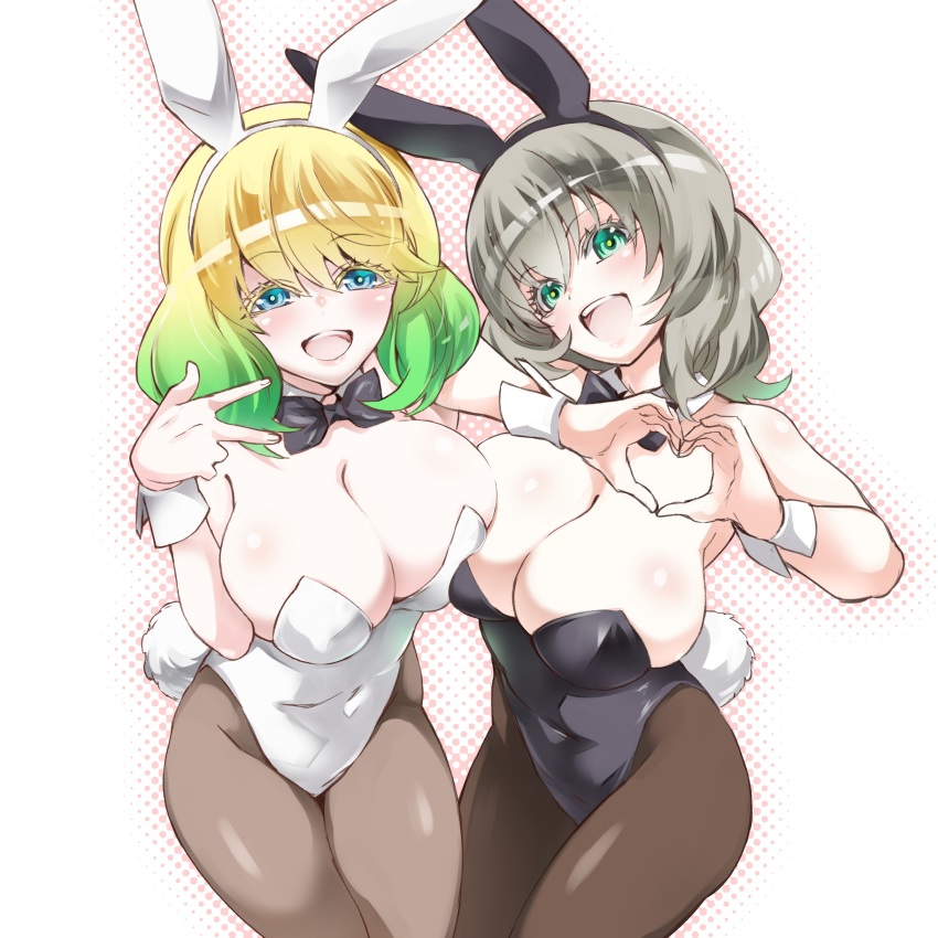 2girls :d absurdres alternate_costume animal_ears asymmetrical_docking bare_shoulders binbougami_ga! black_bow black_hairband black_leotard blonde_hair blue_eyes blush bow bowtie breast_press breasts cleavage crossover detached_collar fake_animal_ears fake_tail gradient_hair green_eyes green_hair grey_hair grin hairband happy head_tilt heart heart_hands highres large_breasts leotard long_hair looking_at_viewer multicolored_hair multiple_girls open_mouth otomi_mayura playboy_bunny rabbit_ears rabbit_tail sakura_ichiko simple_background smile sousei_no_onmyouji sukeno_yoshiaki tail two-tone_hair v wavy_hair white_background white_hairband white_leotard wrist_cuffs