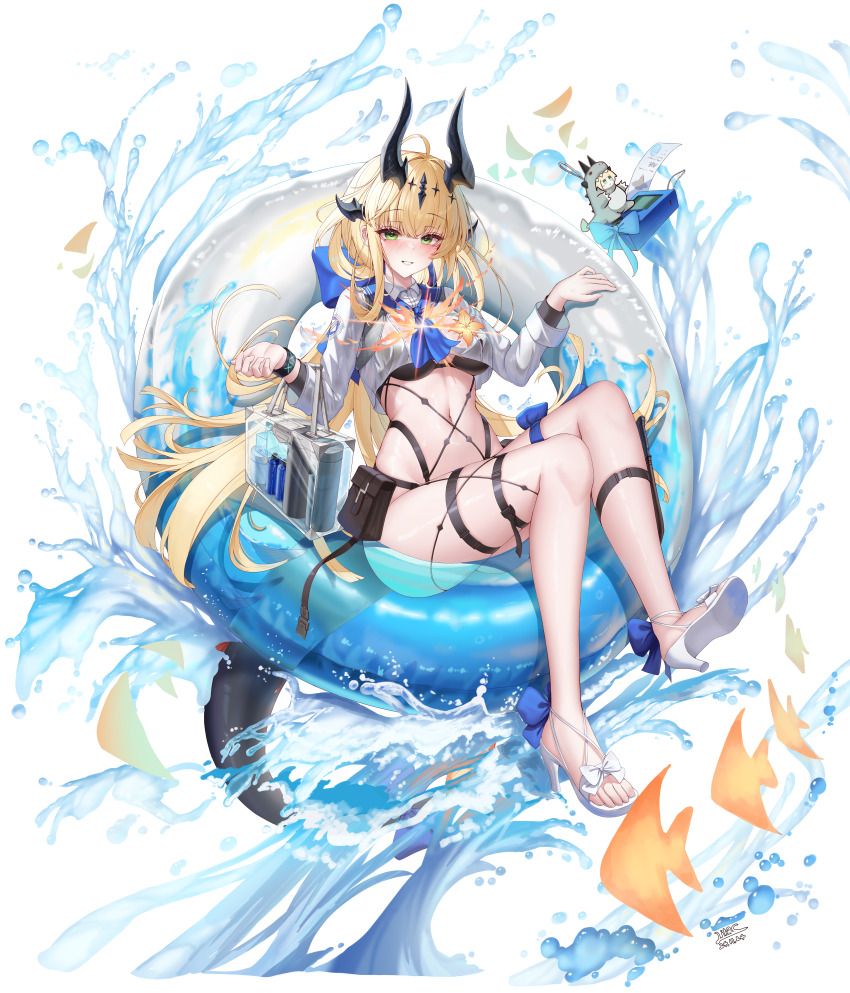 1girl :d absurdres arknights bikini black_bikini blonde_hair blue_neckerchief blue_sailor_collar blush bright_pupils commentary crop_top cropped_shirt flower full_body grin high_heel_sandals high_heels highres innertube lilac_(k32420276) long_hair long_sleeves looking_at_viewer navel neckerchief nose_blush official_alternate_costume open_mouth pouch reed_(arknights) reed_the_flame_shadow_(arknights) reed_the_flame_shadow_(summer_flower)_(arknights) sailor_collar sandals see-through_clothes see-through_shirt shirt shoe_soles shoes smile solo swim_ring swimsuit tail transparent very_long_hair white_footwear white_pupils white_shirt yellow_eyes yellow_flower