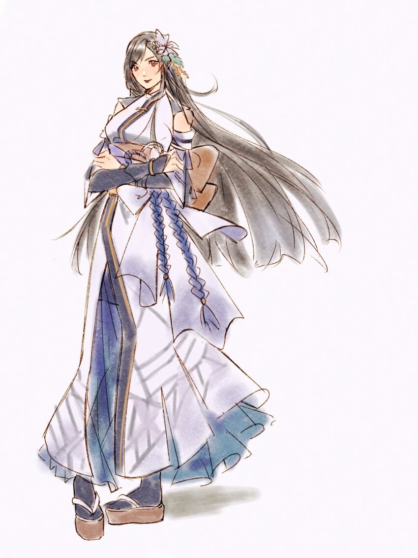 1girl black_hair black_socks breasts chinese_clothes crossed_arms detached_sleeves dress final_fantasy final_fantasy_vii final_fantasy_vii_ever_crisis flower hair_flower hair_ornament half_updo hanfu highres large_breasts long_dress long_hair mmariesr official_alternate_costume red_eyes sandals side_slit smile socks solo tifa_lockhart tifa_lockhart_(festive_blue_daffodil_attire) white_background white_hanfu