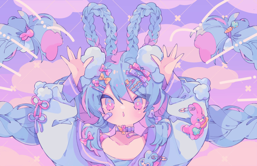 1girl arms_up bandaid bandaid_on_cheek bandaid_on_face blue_hair blush bow bright_pupils choker cloud commentary cross-shaped_pupils dated_commentary eyes_visible_through_hair hair_bow hair_ears hair_ornament hairclip heart heart_hair_ornament highres long_hair long_sleeves looking_at_viewer open_mouth original outdoors ozureiji pink_bow pink_eyes pink_ribbon pom_pom_(clothes) pom_pom_hair_ornament portrait puffy_long_sleeves puffy_sleeves purple_background purple_bow purple_choker purple_ribbon purple_sailor_collar quad_braids ribbon safety_pin sailor_collar sailor_shirt shirt sky solo symbol-only_commentary symbol-shaped_pupils tsurime very_long_hair white_pupils white_shirt yellow_bow yume_kawaii