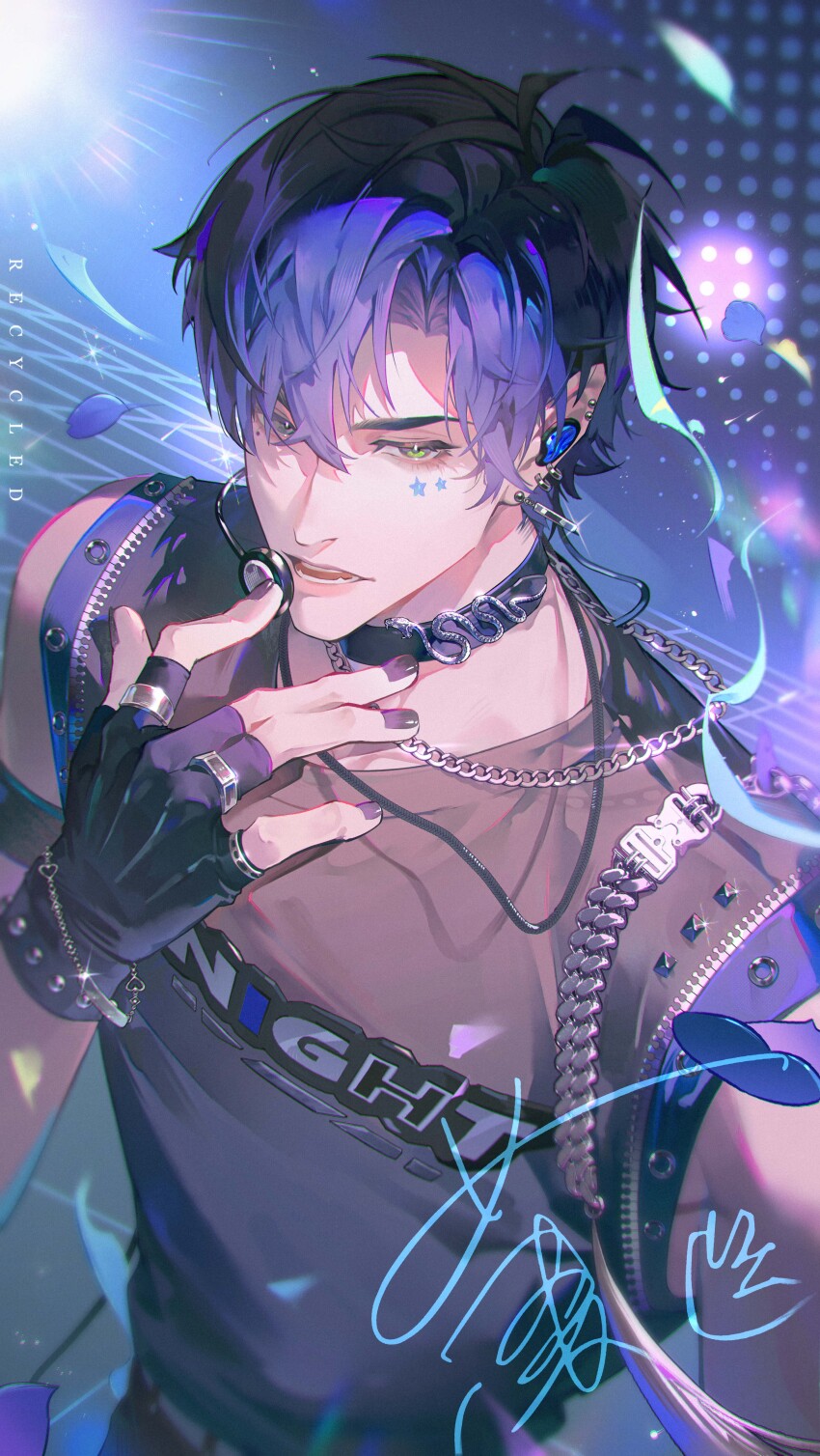 1boy absurdres artist_name black_choker blurry chain chain_necklace choker ear_piercing eyelashes fingerless_gloves fingernails gloves green_eyes headset highres jewelry light_and_night_love lips looking_afar male_focus nail_polish necklace parted_bangs parted_lips petals piercing purple_gloves purple_hair purple_nails purple_petals recycled shirt short_hair solo teeth tongue xiao_yi_(light_and_night_love)