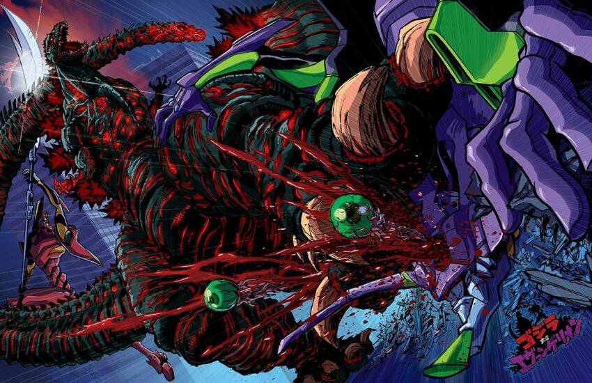 blood building city crossover cyborg eva_01 eva_02 gainax glowing glowing_body godzilla godzilla_(series) green_eyes holding holding_weapon japanese_text jeff_zornow kaiju khara_(animation_studio) long_tail mecha multiple_heads naginata neon_genesis_evangelion no_humans polearm rain rebuild_of_evangelion robot rotated shin_godzilla silhouette skyscraper spear tail tail_head toho very_long_tail weapon