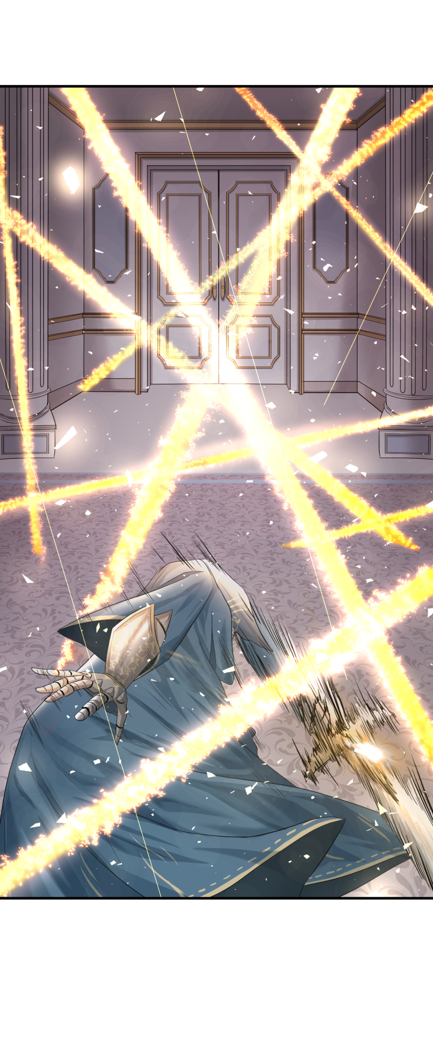 1boy a_knight_(reverse:1999) absurdres armor attack benzhu_(benzhu0617) blue_cape cape column door from_behind gauntlets highres holding holding_sword holding_weapon indoors invisible letterboxed light_particles motion_blur motion_lines ornate_armor pillar reverse:1999 slashing solo sword weapon