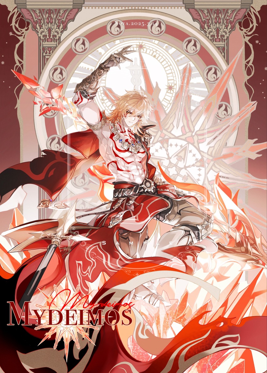 1boy abs absurdres arm_tattoo arm_up armlet armor armored_boots black_coat black_pants blonde_hair boots braid cape character_name chest_tattoo chinese_commentary coat commentary_request earrings facial_tattoo gold_earrings gold_necklace gradient_hair hair_between_eyes hand_up highres honkai:_star_rail honkai_(series) jewelry looking_at_viewer male_focus medium_hair multicolored_hair mydei_(honkai:_star_rail) necklace nnnnnova open_clothes open_coat pants pauldrons red_cape red_hair red_tattoo sample_watermark shoulder_armor side_braid single_pauldron solo tattoo toned toned_male waist_cape watermark yellow_eyes