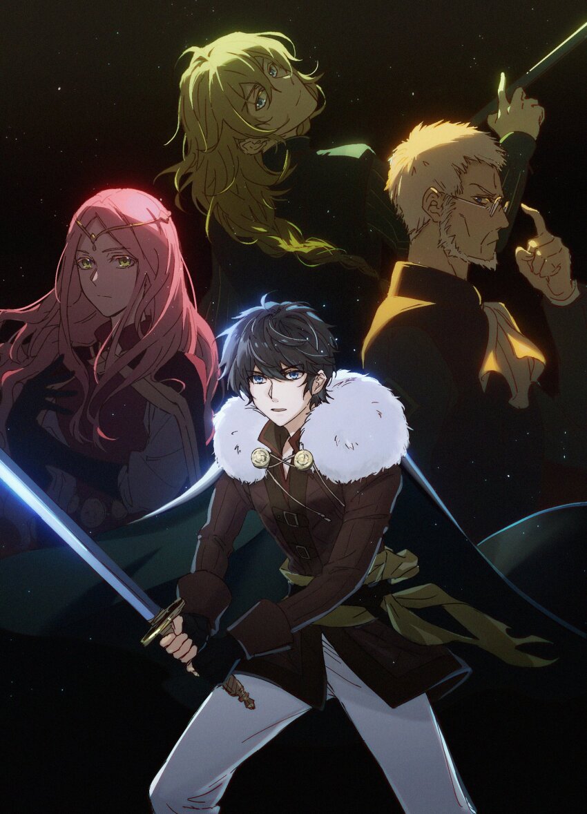 1girl 3boys benedict_pascal black_background black_gloves black_hair blonde_hair blue_eyes cape fingerless_gloves frederica_aesfrost glasses gloves harukatang highres long_hair multiple_boys pink_hair roland_glenbrook serenoa_wolffort sky standing star_(sky) starry_sky sword triangle_strategy weapon white_hair