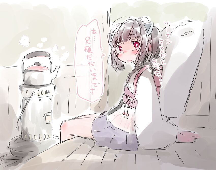 1girl absurdres ahoge backpack bag black_hair blush commentary foyer from_side highres indoors japanese_clothes kettle kimono kiritanpo_(food) knife_hair_ornament long_sleeves looking_at_viewer nose_blush obi oversized_food oversized_object plant_print pleated_skirt randoseru red_eyes red_sash sakurai_akira sash short_hair short_kimono sketch skirt solo speech_bubble steam stove tearing_up touhoku_kiritan translated turning_head voiceroid wooden_floor