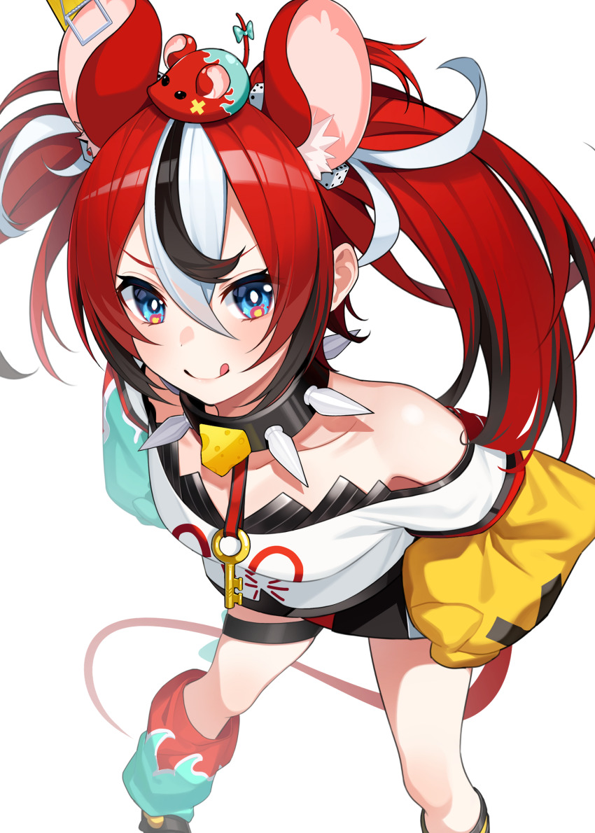 1girl absurdres animal animal_ear_fluff animal_ears animal_on_head bare_shoulders black_collar black_hair black_skirt breasts cheese closed_mouth collar collarbone commentary dice_hair_ornament english_commentary feet_out_of_frame food hair_between_eyes hair_ornament hakos_baelz highres hololive hololive_english key leaning_forward licking_lips long_sleeves looking_at_viewer loose_socks mouse_(animal) mouse_ears mouse_girl mouse_tail multicolored_hair off-shoulder_shirt off_shoulder on_head puffy_long_sleeves puffy_sleeves red_hair red_legwear shirt short_sleeves simple_background skirt small_breasts smile socks solo spiked_collar spikes standing streaked_hair tail the_cold tongue tongue_out two-tone_hair virtual_youtuber white_background white_hair white_shirt