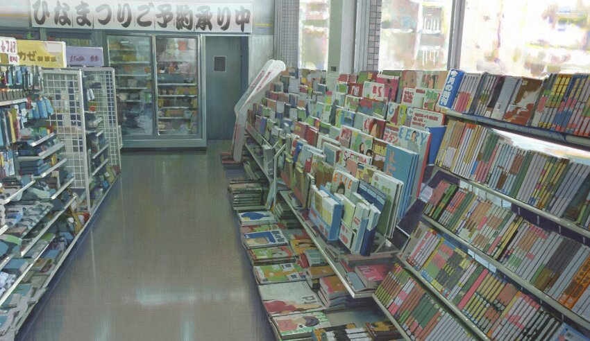 book bookshelf door highres indoors interior masuyama_osamu no_humans original reflective_floor scenery shadow shelf shop sunlight