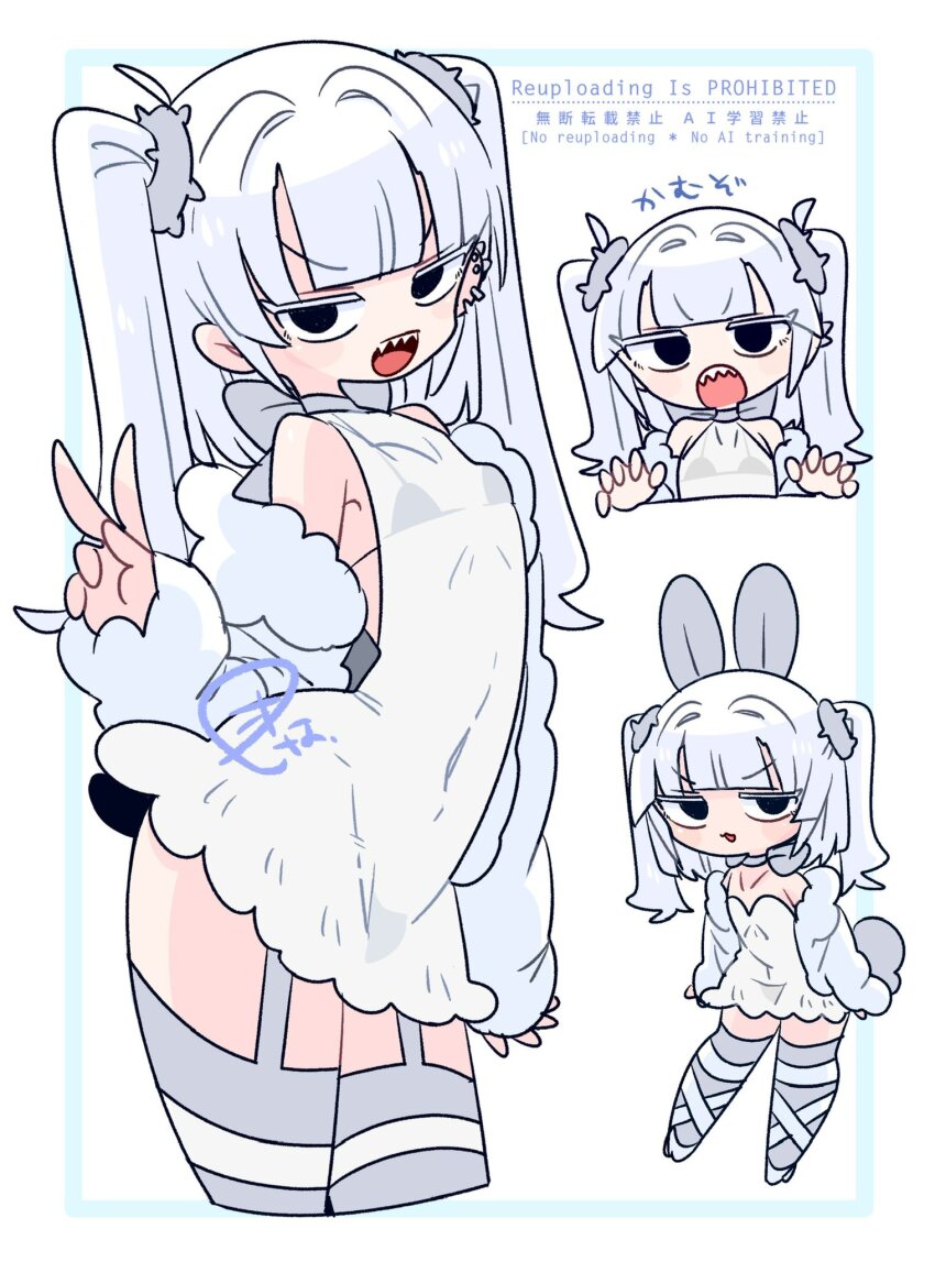 1boy :3 :o animal_ears arched_back armpit_crease bare_shoulders black_bra black_eyes blunt_bangs bow bra bra_strap bulge claw_pose collarbone commentary covered_navel cowboy_shot crossdressing crossdressing_(mtf) dress ear_piercing eve_(op_na_yarou) fangs full_body fur-trimmed_jacket fur_trim garter_straps grey_bow grey_tail grey_thighhighs hair_intakes hair_tie hand_up hands_up highres jacket jitome legs_apart long_sleeves male_focus medium_hair microdress multicolored_thighhighs multiple_views no_nose notched_ear off_shoulder op_na_yarou open_clothes open_jacket open_mouth original panties piercing rabbit_boy rabbit_ears rabbit_tail see-through_clothes see-through_dress sidelocks simple_background sleeveless sleeveless_dress sleeves_past_wrists standing tail teeth thighhighs thighs trap two-tone_thighhighs two_side_up underwear upper_body v v-shaped_eyebrows watermark white_background white_dress white_hair white_jacket white_thighhighs