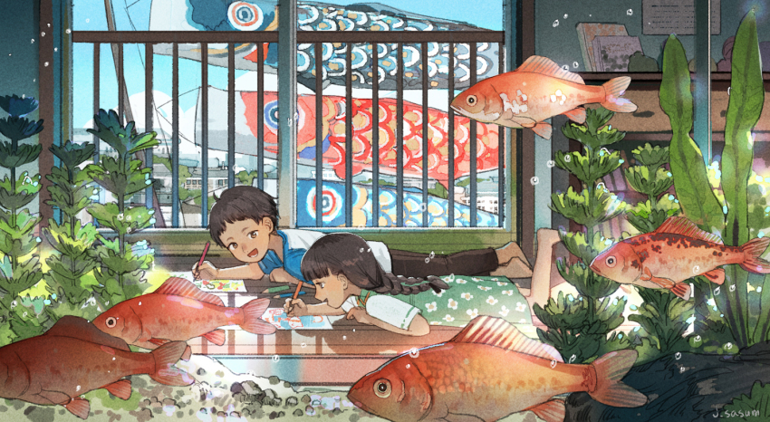 1boy 1girl black_hair blunt_bangs braid bubble building fish goldfish indoors kodomo_no_hi koinobori long_hair open_mouth original pencil plant profile raglan_sleeves sasumata_jirou seaweed short_hair short_sleeves smile twin_braids window windsock